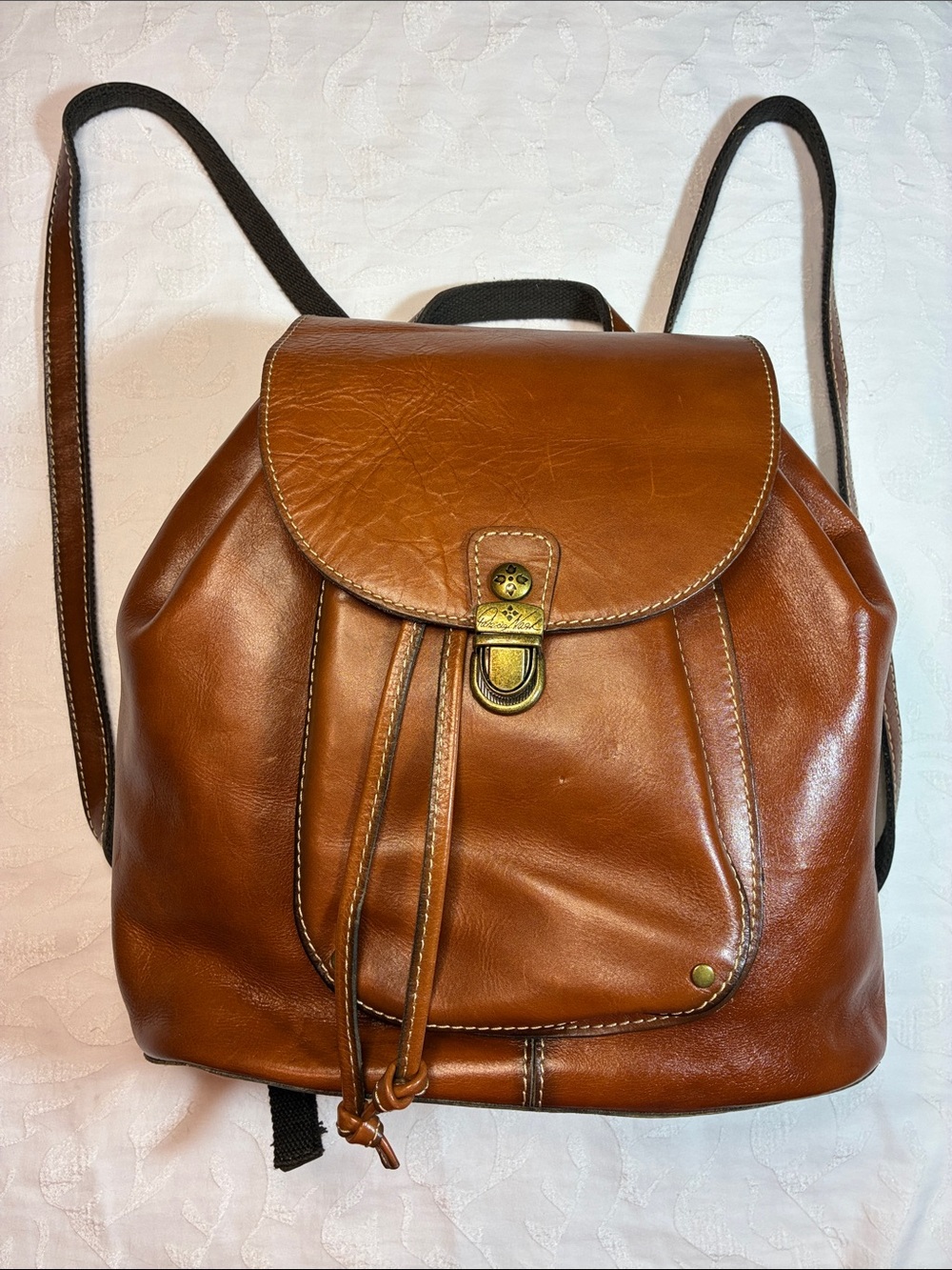 Patricia Nash Cognac Leather Drawstring Backpack with Flap 16inx15in